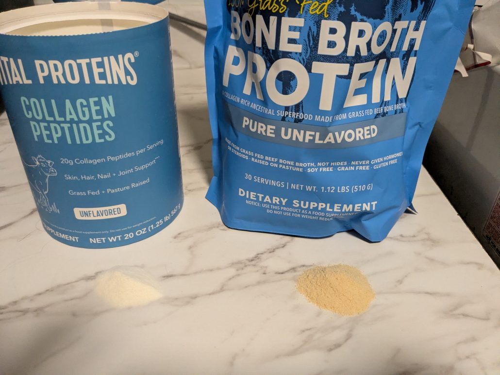 vital proteins collagen peptides vs paleovalley bone broth protein color comparison side-by-side